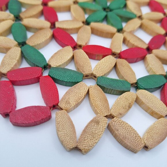 Handcrafted Bamboo Trivet Red Green Accents Round Heat Resistant Mat Deco Center - Picture 2 of 7